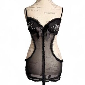 Victoria's Secret Sheer Black Lingerie Mini Dress Rhinestone Corset Y2K 36B